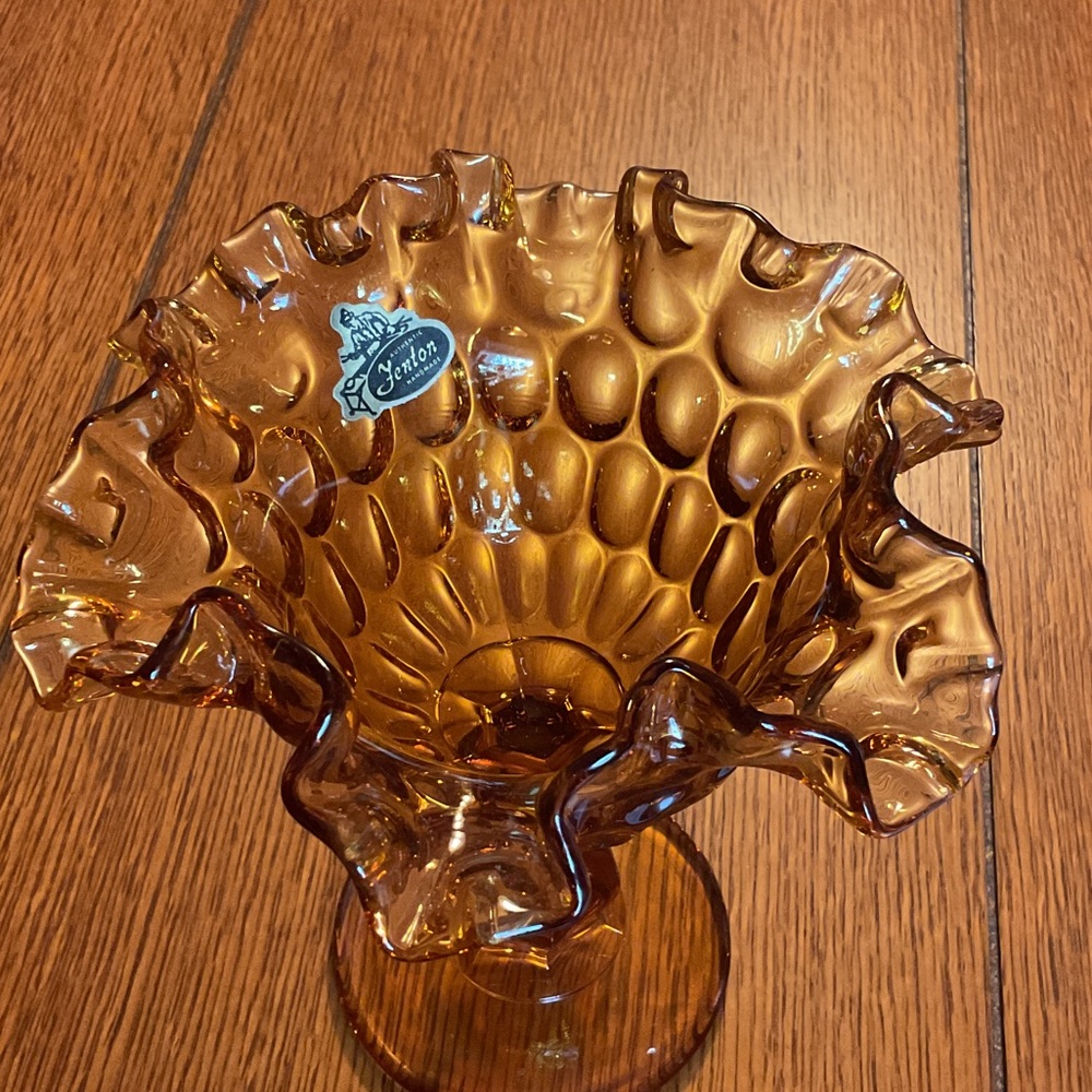 Fenton Amber Ruffled Glass Compote - Picture 2 of 6